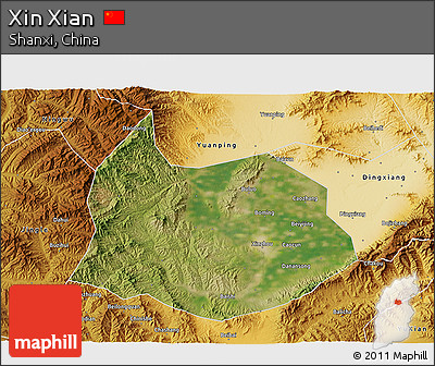 Satellite 3D Map of Xin Xian, physical outside