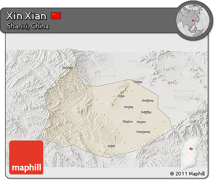 Shaded Relief 3D Map of Xin Xian, lighten, semi-desaturated