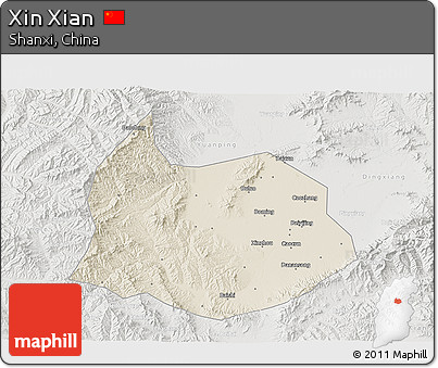 Shaded Relief 3D Map of Xin Xian, lighten, semi-desaturated