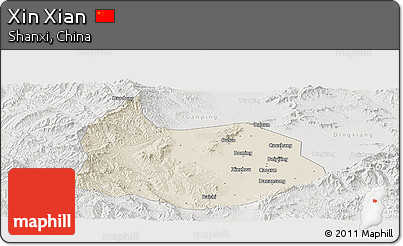 Shaded Relief Panoramic Map of Xin Xian, lighten, semi-desaturated
