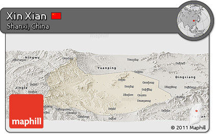 Shaded Relief Panoramic Map of Xin Xian, semi-desaturated