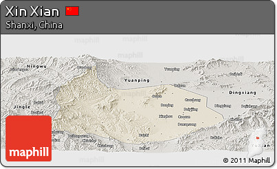 Shaded Relief Panoramic Map of Xin Xian, semi-desaturated