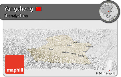 Shaded Relief Panoramic Map of Yangcheng, lighten, desaturated