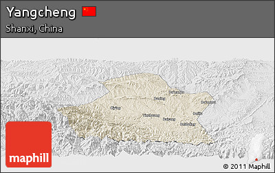 Shaded Relief Panoramic Map of Yangcheng, lighten, desaturated