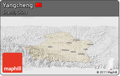 Shaded Relief Panoramic Map of Yangcheng, lighten, desaturated