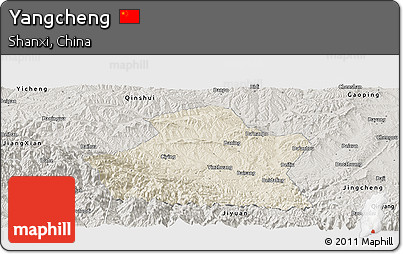 Shaded Relief Panoramic Map of Yangcheng, semi-desaturated
