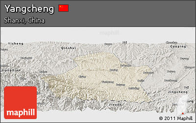 Shaded Relief Panoramic Map of Yangcheng, semi-desaturated