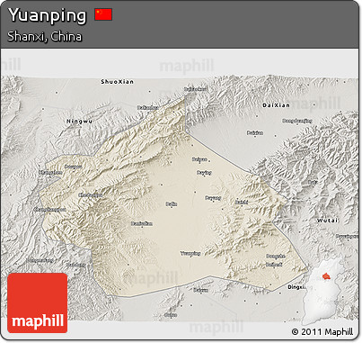 Shaded Relief 3D Map of Yuanping, semi-desaturated