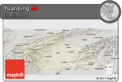 Shaded Relief Panoramic Map of Yuanping, semi-desaturated