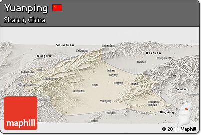 Shaded Relief Panoramic Map of Yuanping, semi-desaturated