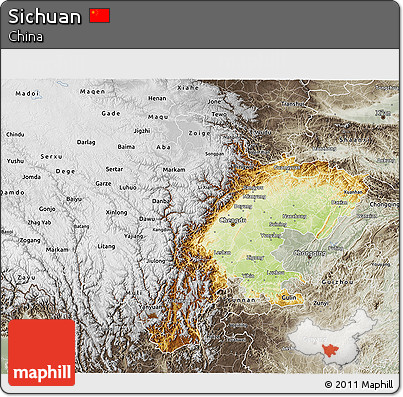 Physical 3D Map of Sichuan, semi-desaturated