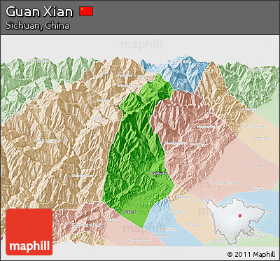 Political 3D Map of Guan Xian, lighten