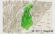 Political 3D Map of Guan Xian, shaded relief outside
