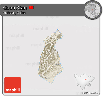 Shaded Relief 3D Map of Guan Xian, single color outside