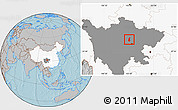 Gray Location Map of Guan Xian, highlighted country, highlighted parent region, hill shading