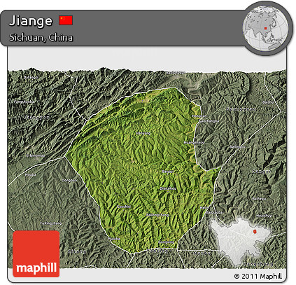 Satellite 3D Map of Jiange, semi-desaturated