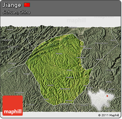 Satellite 3D Map of Jiange, semi-desaturated
