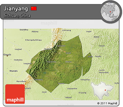 Satellite 3D Map of Jianyang, physical outside