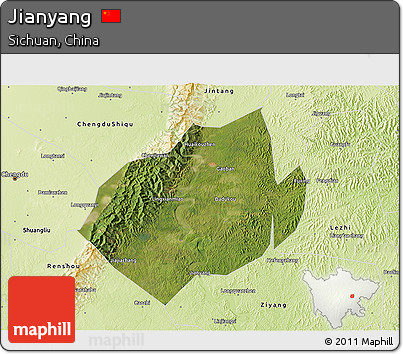 Satellite 3D Map of Jianyang, physical outside