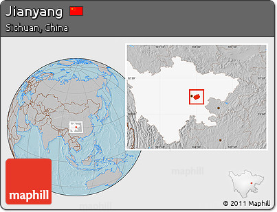 Gray Location Map of Jianyang, highlighted parent region, hill shading