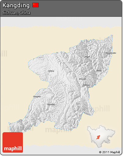 Classic Style 3D Map of Kangding, single color outside