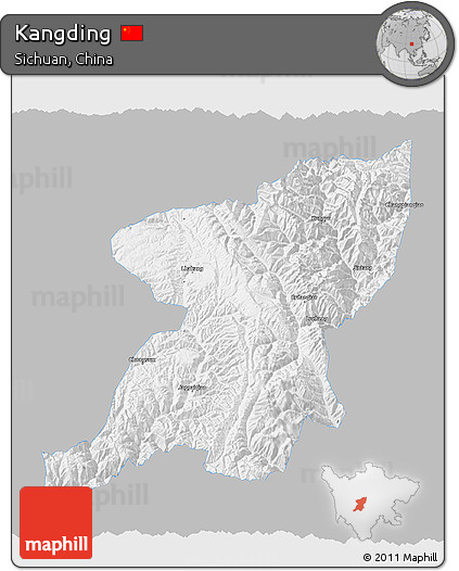 Gray 3D Map of Kangding, single color outside