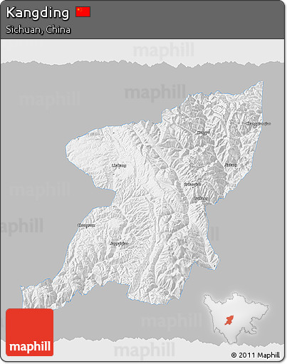 Gray 3D Map of Kangding, single color outside
