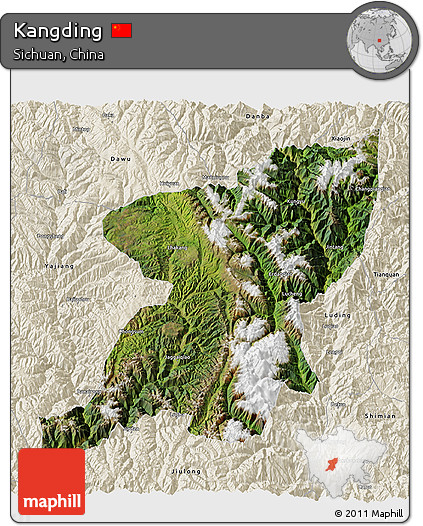 Satellite 3D Map of Kangding, shaded relief outside