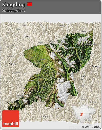 Satellite 3D Map of Kangding, shaded relief outside