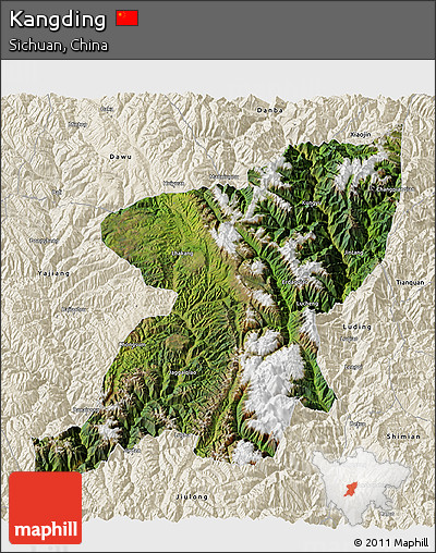 Satellite 3D Map of Kangding, shaded relief outside