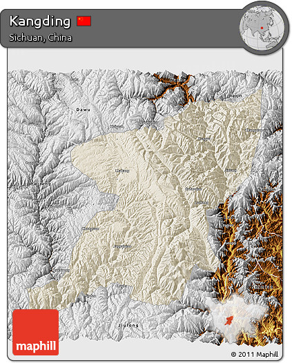 Shaded Relief 3D Map of Kangding, physical outside