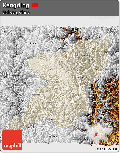 Shaded Relief 3D Map of Kangding, physical outside