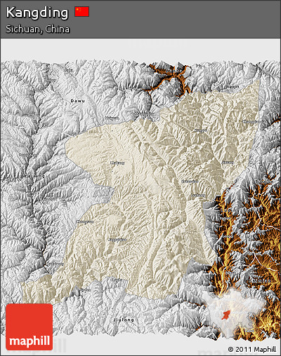 Shaded Relief 3D Map of Kangding, physical outside