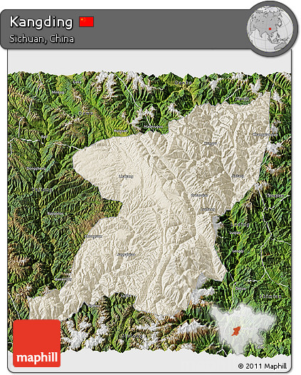 Shaded Relief 3D Map of Kangding, satellite outside
