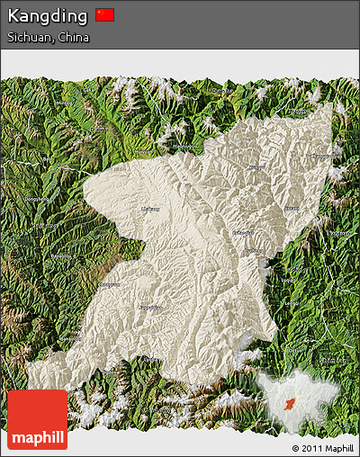 Shaded Relief 3D Map of Kangding, satellite outside