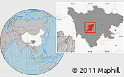 Gray Location Map of Kangding, highlighted country, highlighted parent region, hill shading