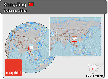 Gray Location Map of Kangding, highlighted parent region, within the entire country, hill shading