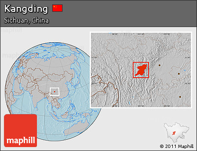 Gray Location Map of Kangding, hill shading