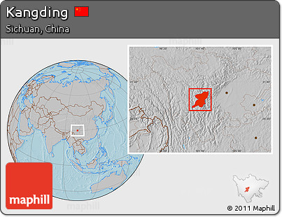 Gray Location Map of Kangding, hill shading