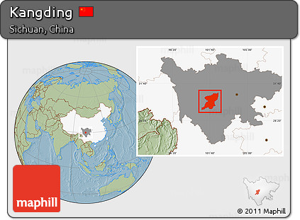 Savanna Style Location Map of Kangding, highlighted country, highlighted parent region, hill shading