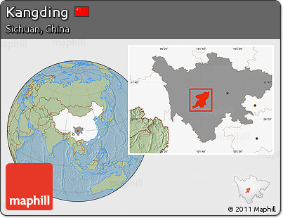 Savanna Style Location Map of Kangding, highlighted country, highlighted parent region, hill shading