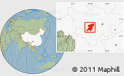 Savanna Style Location Map of Kangding, highlighted country, hill shading