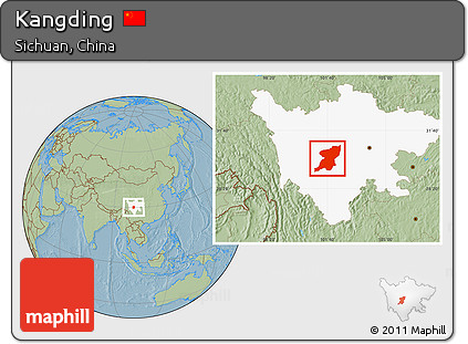 Savanna Style Location Map of Kangding, highlighted parent region, hill shading