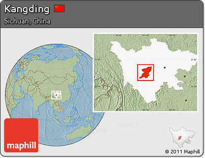 Savanna Style Location Map of Kangding, highlighted parent region, hill shading
