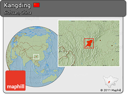 Savanna Style Location Map of Kangding, hill shading