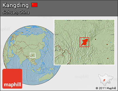 Savanna Style Location Map of Kangding, hill shading