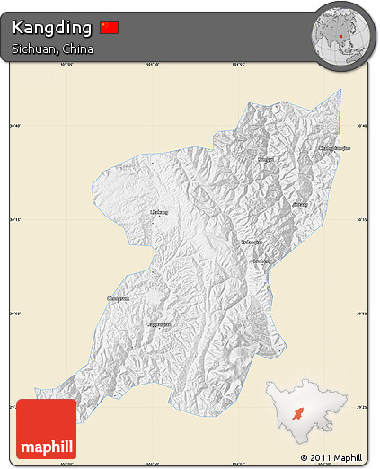 Classic Style Map of Kangding, single color outside