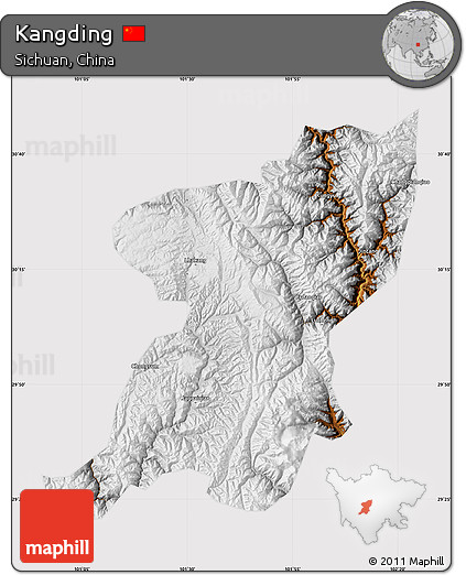 Physical Map of Kangding, cropped outside