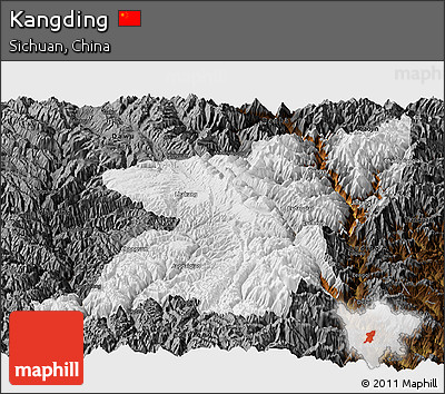 Physical Panoramic Map of Kangding, darken