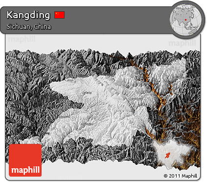 Physical Panoramic Map of Kangding, darken